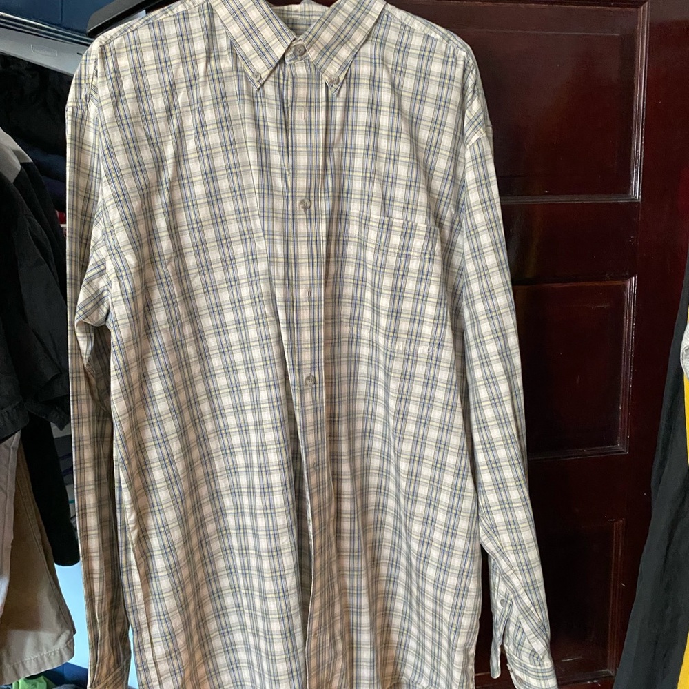 Men's Button-Down Plaid Shirt in Beige and Blue XL
